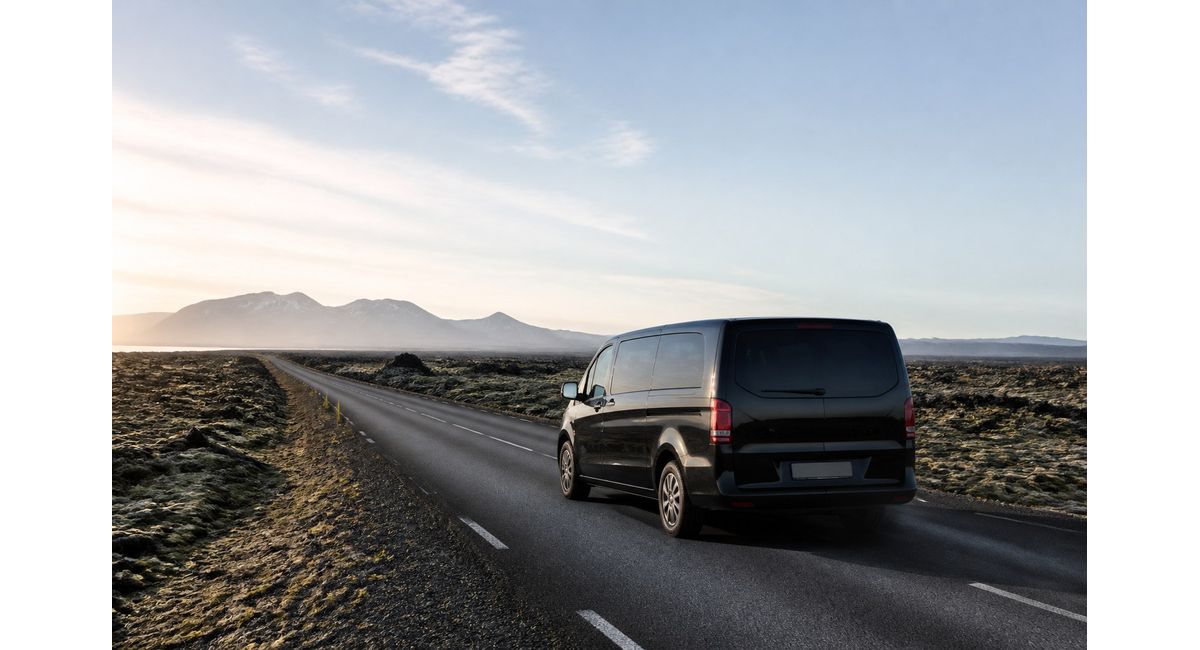 Illustrative unbranded passenger van on a road across Icelandic lava fields