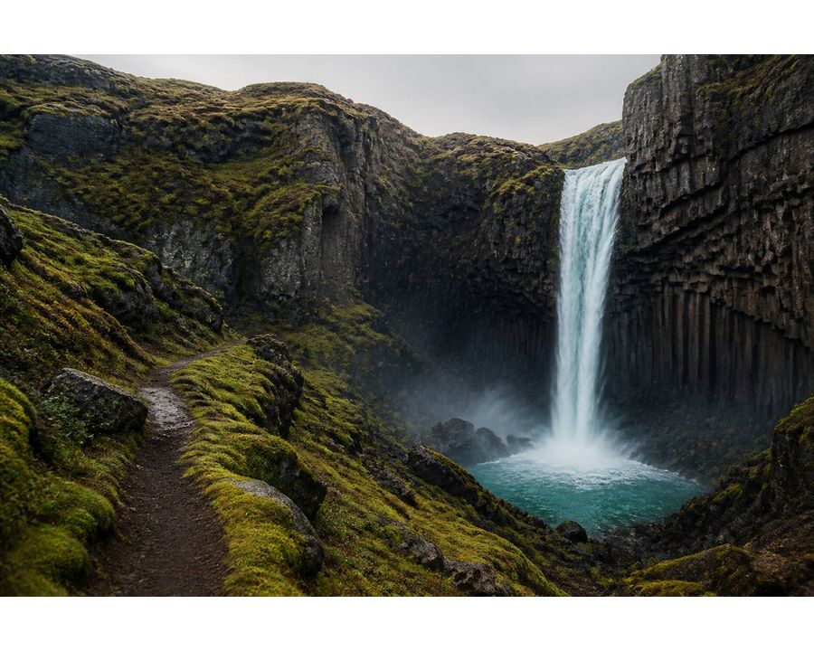 Secluded waterfall flowing through a moss-covered basalt canyon