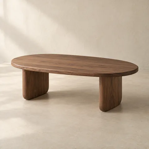 طاولة مسار؛ طاولة قهوة بيضاوية من قشرة جوز وقاعدة خشبية، بلون جوز دافئ