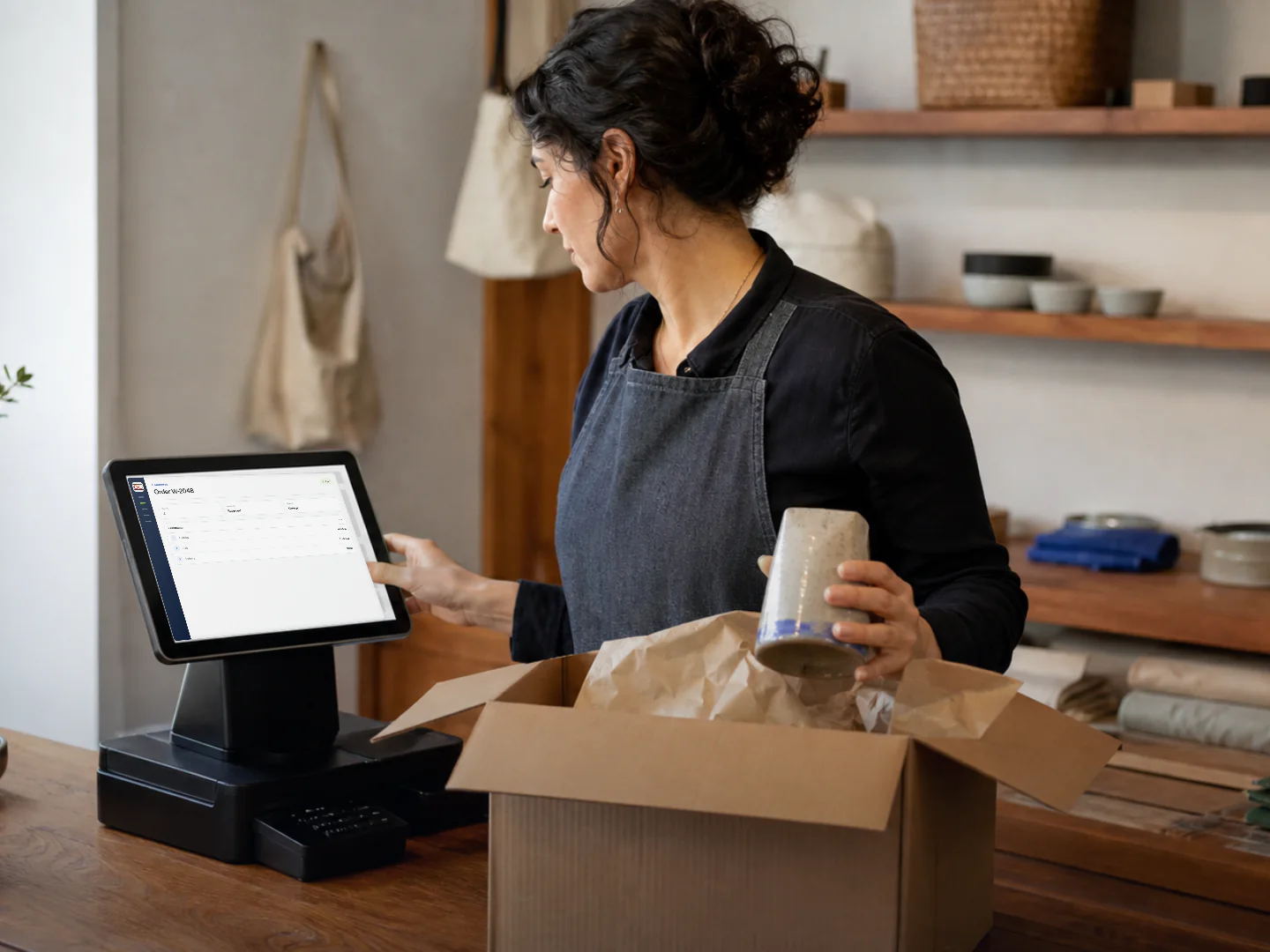 A shop worker packs a product beside a touchscreen showing an order workspace.