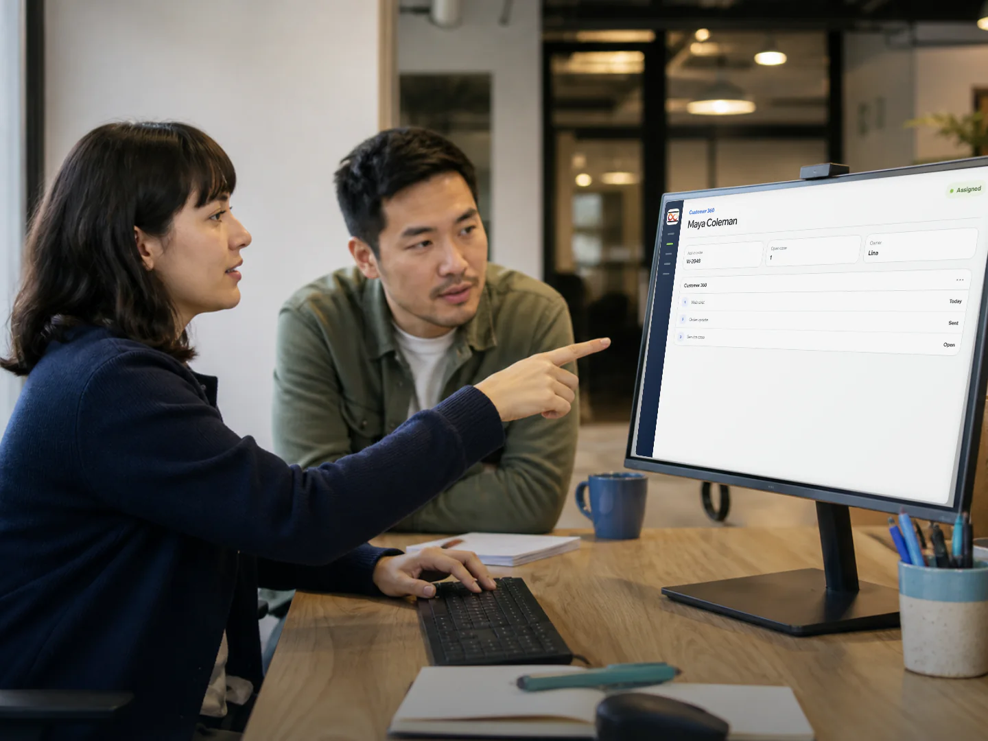 Two colleagues review a customer workspace on a monitor.