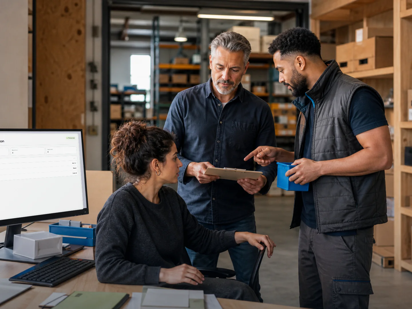 A warehouse team reviews stock and responsibilities during daily operations.