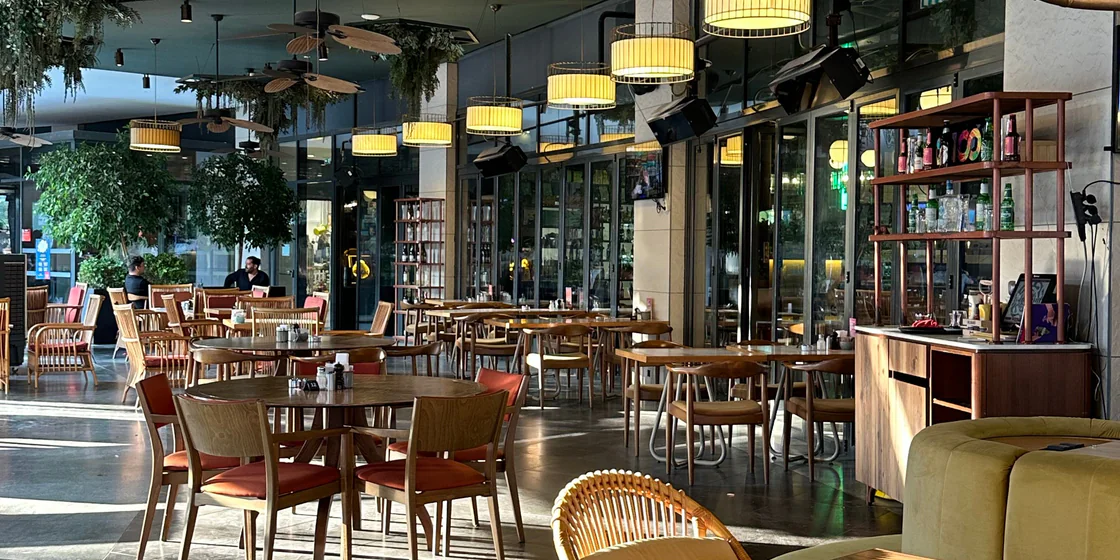 Sunlit restaurant dining area with wooden tables, plants, pendant lights and two diners in the distance.