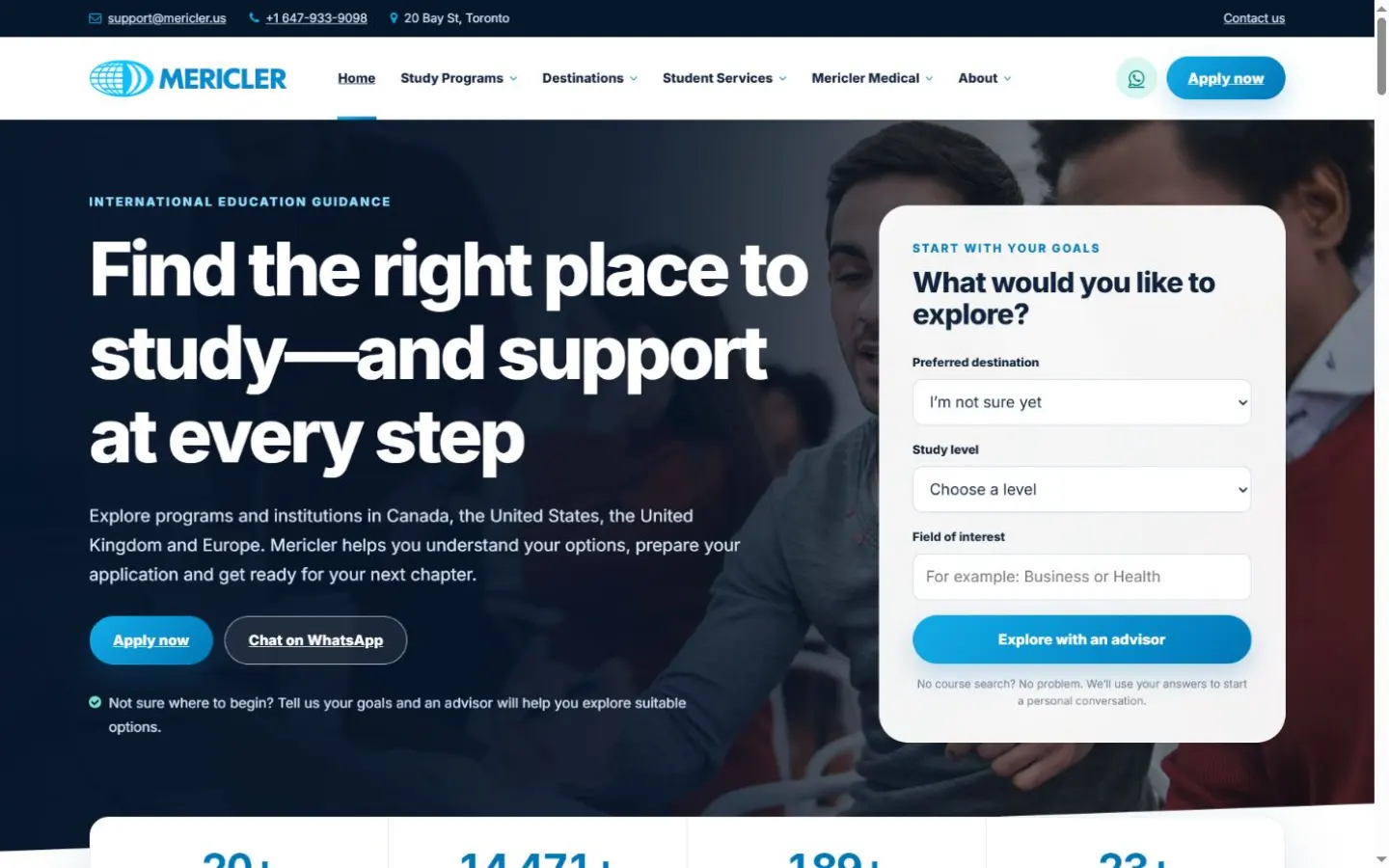 English-language Mericler homepage capture showing study guidance, navigation and enquiry choices. The image is an earlier authorized capture, not a live view.