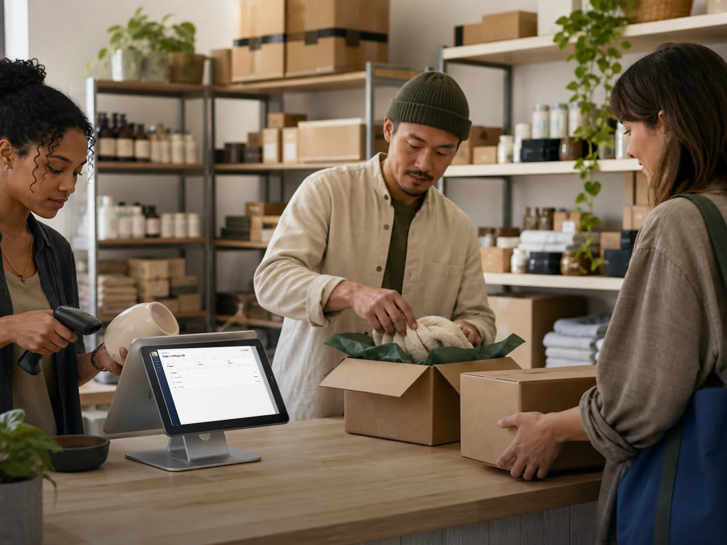 A shop team packs homeware products for customer orders.