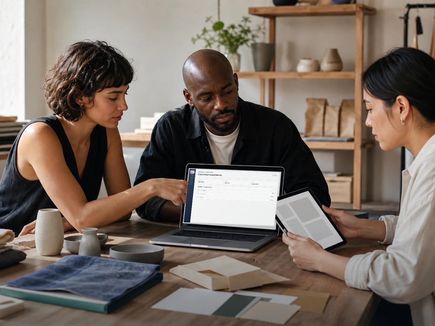 A team reviewing customer-facing digital content on a computer and tablet.