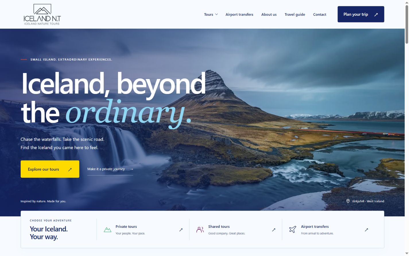 English-language Iceland Nature Tours homepage screenshot showing the landscape, tour choices and links to explore tours.