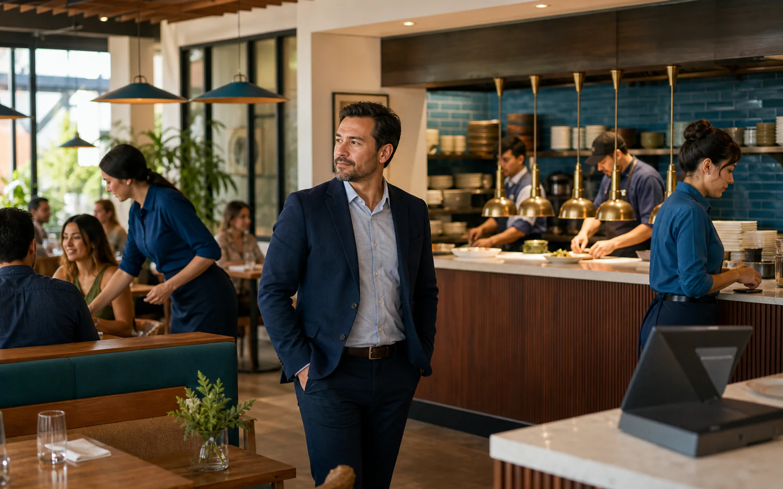 A restaurant owner observing front-of-house and kitchen teams during active service.